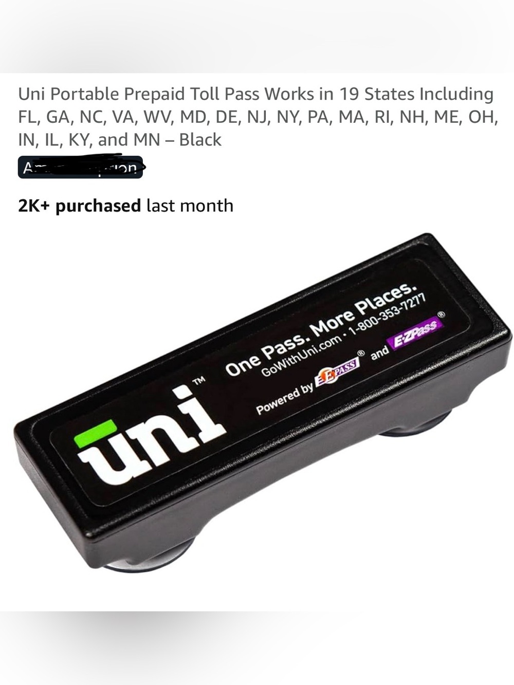 Uni Portable Toll Transponder - Black New No Box